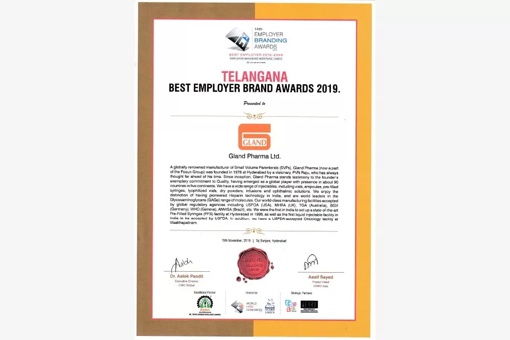 Telagana Best Employer Brand Award 2019 - Gland Pharma Limited